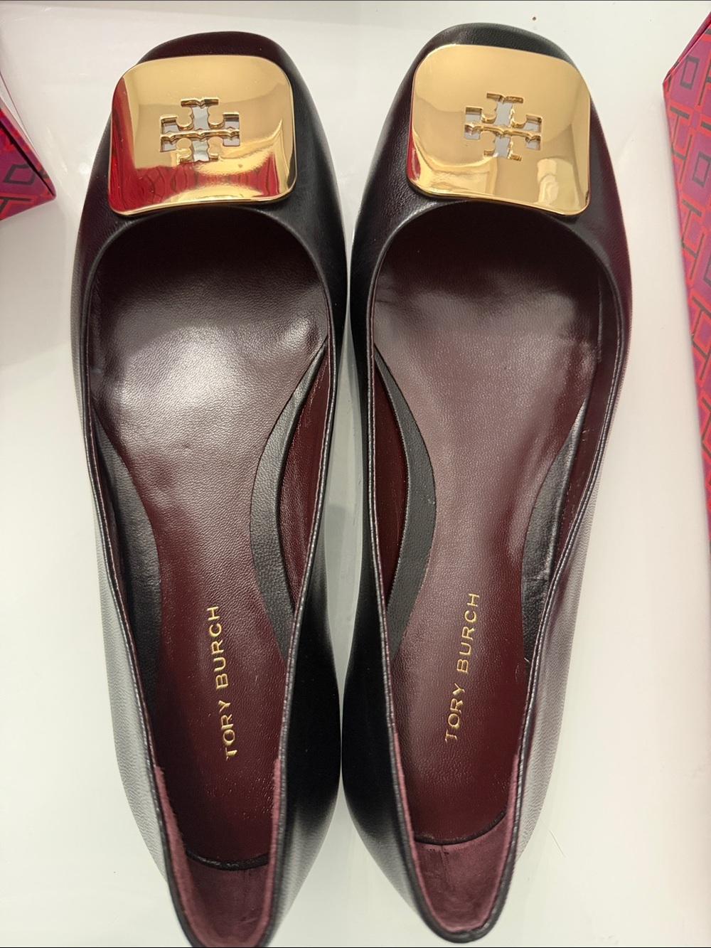 Tory Burch Black Leather Ballet Flats with Gold Logo Plaque